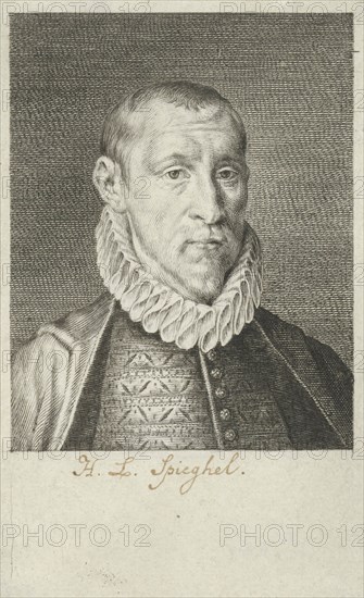 Portrait of Hendrick Laurensz. Spieghel, writer and poet, at age 30, print maker: Jan Harmensz. Muller, Dating 1614