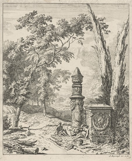 Landscape with figures resting in a tomb, print maker: Albert Meyeringh, 1695 - 1714