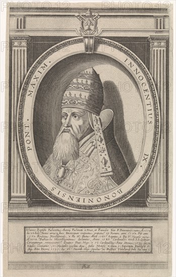 Portrait of Pope Innocent IX dressed in papal robes, the head adorned with the papal tiara, bust left in an oval frame with inscription and depicted his papal coat of arms, print maker: Friedrich van Hulsen (mentioned on object), Dating 1590 - 1665