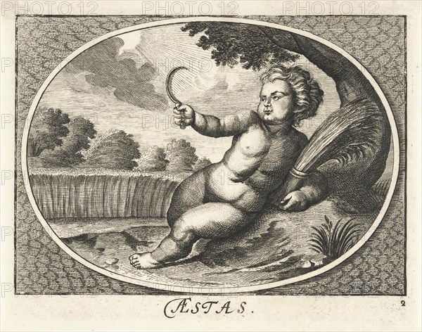 Summer in form of child with scythe and sheaf of corn near cornfield, Cornelis van Dalen II, Anonymous, Joh. Christoph Schmidhammer, 1735 - 1750