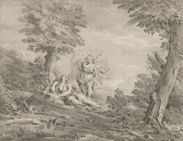 Hagar in the desert, print maker: Jurriaan Cootwijck, Eustache Lesueur, 1759