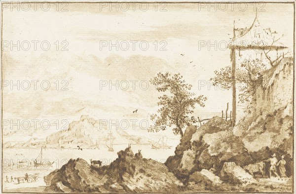 Landscape with in the background the river Rhine, a city wall and two hikers with a cow, print maker: Jurriaan Cootwijck, Dating 1724 - 1798