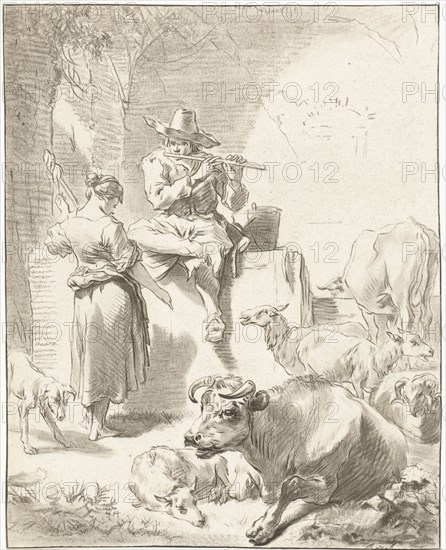 Shepherd sits on a rock and plays the flute, a shepherdess spinning, goats and cows are around the couple, print maker: Jurriaan Cootwijck, Dating 1724 - 1798