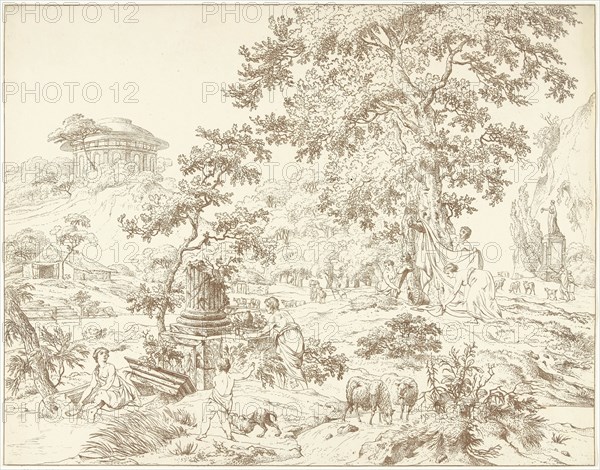 Arcadian landscape with foot bathing woman, Hermanus Fock, 1781 - 1822