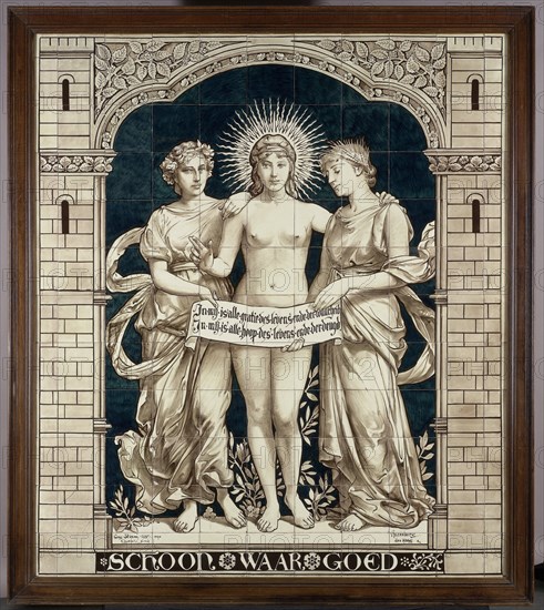 Tile panel with the personifications of the Beautiful, the True and the Good, N.V. Haagsche Plateelfabriek Rozenburg, DaniÃ«l Harkink, Georg Sturm, 1893