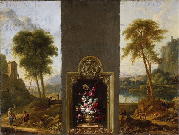 Flower still life in frame with monogram, attributed to Willem Hendrik Wilhelmus van Royen, c. 1690 - c. 1710
