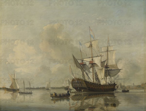 The National Frigate Rotterdam on the Meuse near Rotterdam Still Water, The Netherlands, Nicolaas Baur, 1807