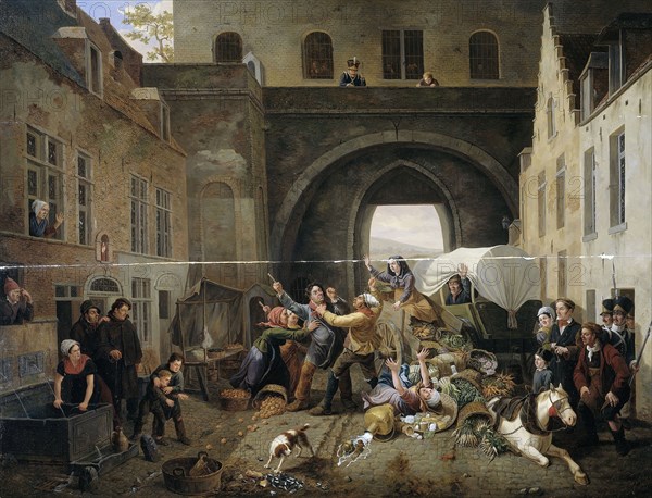 A Collision at the Halpoort in Brussels (Alcohol Smuggling), Belgium, Constantinus Fidelio Coene, 1823