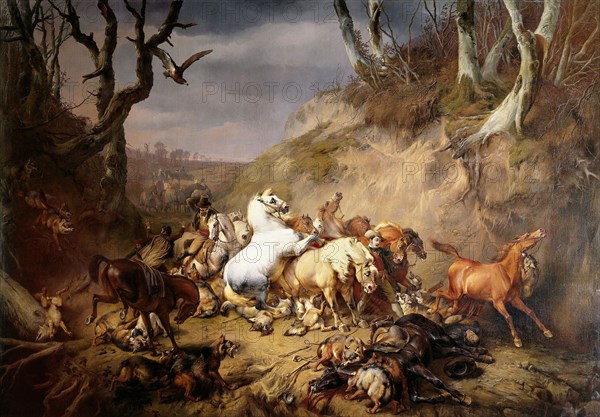 Hungry Wolves Attack a Group of Riders, Eugène Joseph Verboeckhoven, 1836