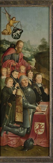 Memorial Panel with Eight Male Portraits, probably Willem Jelysz van Soutelande and Family, with Saint James the Greater and the Van Soutelande Family Crest, inner left wing of an altarpiece, Master of Alkmaar, c. 1515 - c. 1520