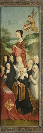 Memorial Panel with Nine Female Portraits, probably Kathrijn Willemdsdr van der Graft and Family, with Saint Mary Magdalene and the Van Soutelande Family and Van der Graft-Van Soutelande Crests, inner right wing of an altarpiece, Master of Alkmaar, c. 1515 - c. 1520