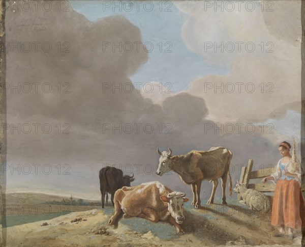 Landscape with cows , sheep and shepherdess, modified copy of a painting of Paulus Potter, the shepherdess copied from a painting by Karel Dujardin, Jean-Etienne Liotard, 1761