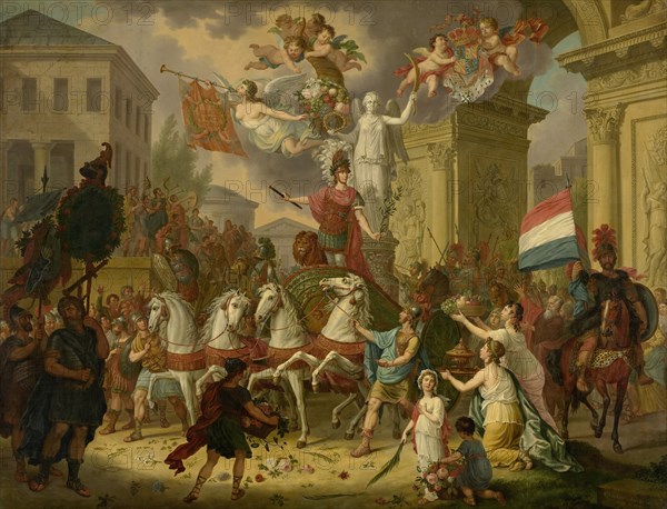 Allegory of the Triumphal Procession of the Prince of Orange, later King William II, as the Hero of Waterloo, 1815, Cornelis van Cuylenburgh (II), 1815