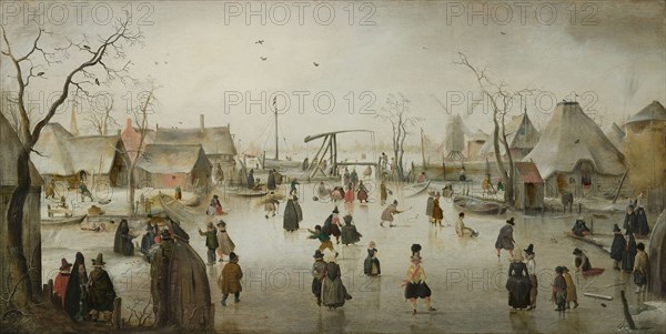 Skaters in a Village, Hendrick Avercamp, c. 1610, winter landscape on the ice