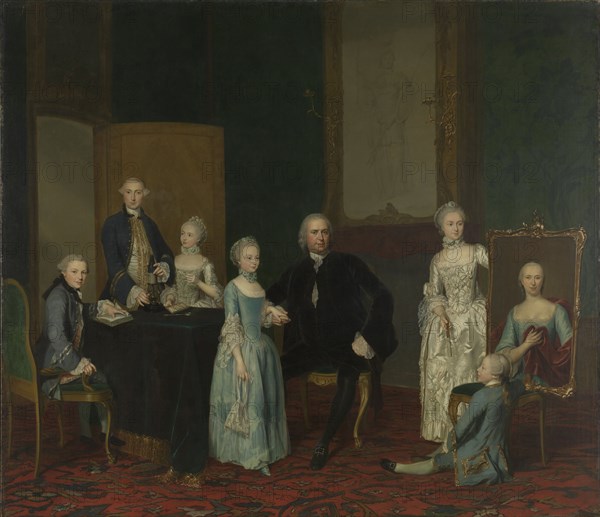 Portrait of Pieter Cornelis Hasselaer, Adviser to the Dutch East India Company and Burgomaster of Amsterdam, with his Family, George van der Mijn, 1763
