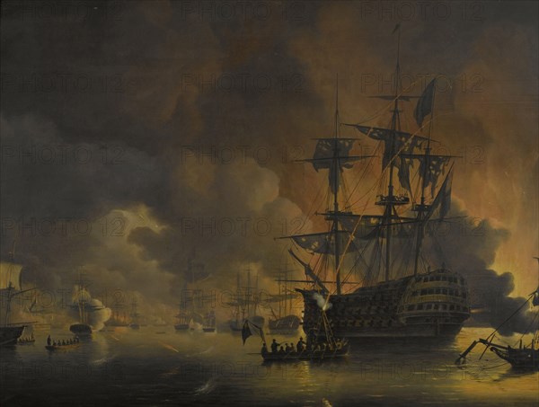 Fire on the Wharves of Algiers shortly after the beginning of the Bombardment by the Anglo-Dutch Fleet, 27 August 1816, Nicolaas Baur, 1816 - 1820