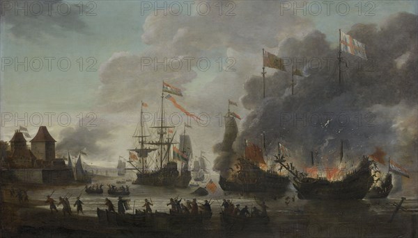 The Dutch Burn English Ships during the Expedition to Chatham, 20 June 1667 (Raid on the Medway, Kent, UK), Jan van Leyden, 1667 - 1669