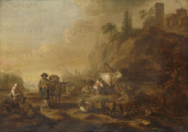 Landscape with Herdsmen and Cows, Cornelis de Bie, 1648