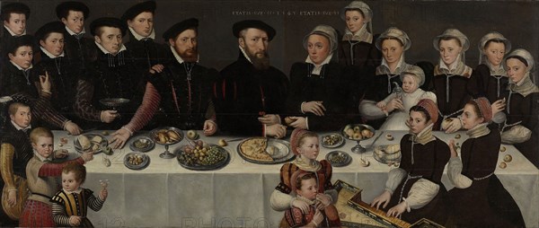 Family Portrait of Pierre de Moucheron, Merchant in Middelburg and Antwerp, his Wife Isabeau de Gerbier, their eighteen Children, their Son-in-Law Allard de la Dale and first Grandchild, Anonymous, 1563