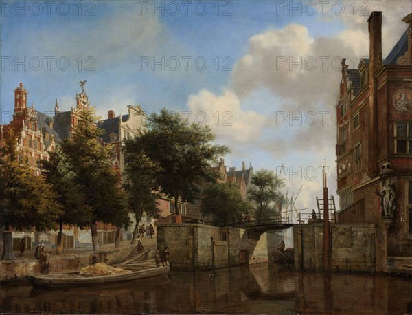 Amsterdam City View with Houses on the Herengracht and the old Haarlemmersluis, The Netherlands, Jan van der Heyden, c. 1670