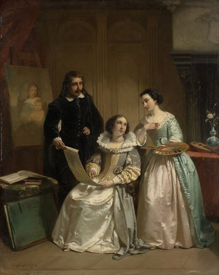 Gerard van Honthorst Shows Amalia van Solms the Drawings by his Pupil Louise of Bohemia, Hendrik Jacobus Scholten, 1854