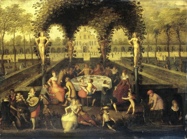 Venus, Bacchus and Ceres with Mortals in a Love Garden (Elegant Companionship under a Garden Bower), Louis de Caullery, 1590 - 1621