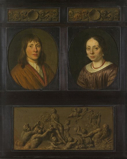 Portraits of a Man and a Woman framed with two ornamental frieze miniatures with shell motif and a Triumph of Amphitrite, Pieter Cornelisz. van Slingelandt, Willem van Mieris, 1678 - 1705