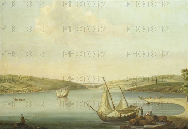 View of the Bosporus, taken from the Height of Beykoz to the northwest, with the Aqueduct of Justinian in the background, Antoine van der Steen, c. 1770 - 1780