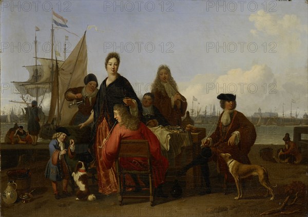 The Bakhuysen (Backhuysen) and de Hooghe Families at a Meal on the Mosselsteiger on Het IJ in Amsterdam, The Netherlands, Ludolf Bakhuysen, 1702