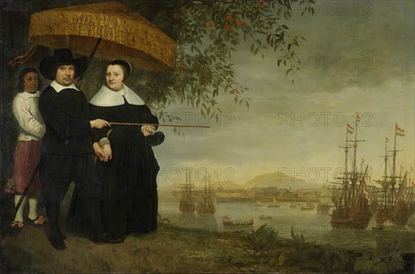A Senior Merchant of the Dutch East India Company,Â Jacob Mathieusen and his Wife. Behind them, a Slave Holds a Pajong. The Dutch East India Company ships ready to sail home, in the background is the City of Batavia., Aelbert Cuyp, c. 1640 - c. 1660