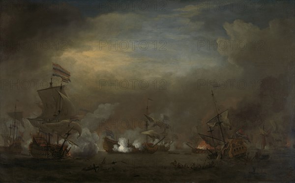Nocturnal Sea Battle between Cornelis Tromp on the Gouden Leeuw and Sir Edward Spragg on the Royal Prince during the Battle at Kijkduin (Battle of Texel), 21 August 1673: episode from the Third Anglo-Dutch War, Willem van de Velde (II), 1673 - 1707