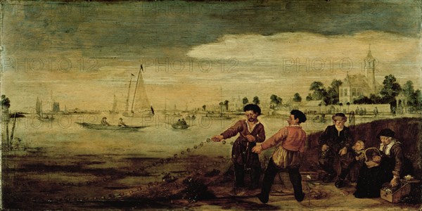 Fishermen along the Amstel River in Amsterdam in the vicinity of the Pauwentuin (Peacock Garden), Arent Arentsz., c. 1625 - c. 1630