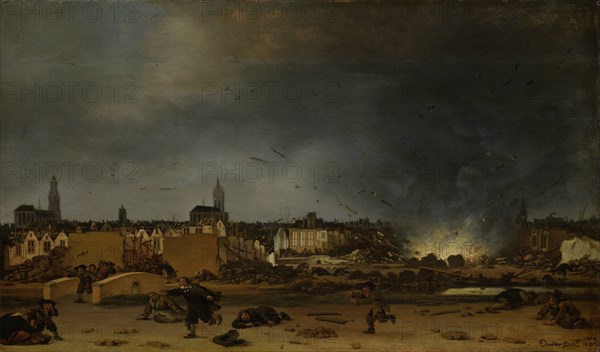 Blowing up the Powder Tower, Kruittoren, in Delft The Netherlands, October 12, 1654, Poel, Egbert Lievensz. van der, 1660