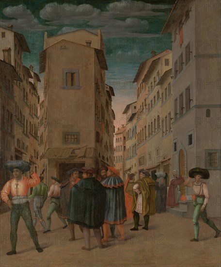 Florentine Street Scene with Twelve Figures (Sheltering the Traveler, one of the Seven Works of Mercy) Italy, Anonymous, 1540 - 1560