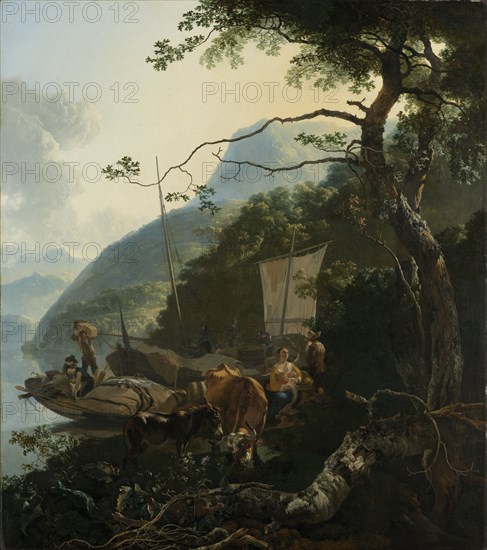 Boatmen Moored on the Shore of an Italian Lake Italy, Adam Pijnacker, 1650 - 1670