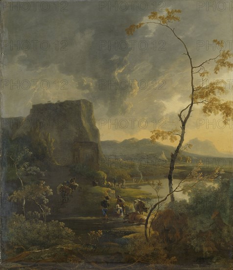 Italian landscape with ancient tempietto, Italy, Adam Pijnacker, c. 1649 - c. 1673