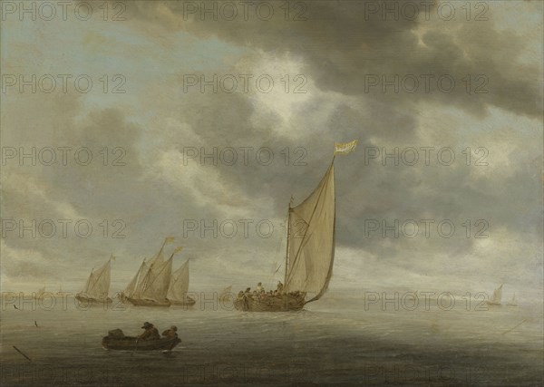 Sailing vessels on a inland body of water, Salomon van Ruysdael, 1630 - 1670