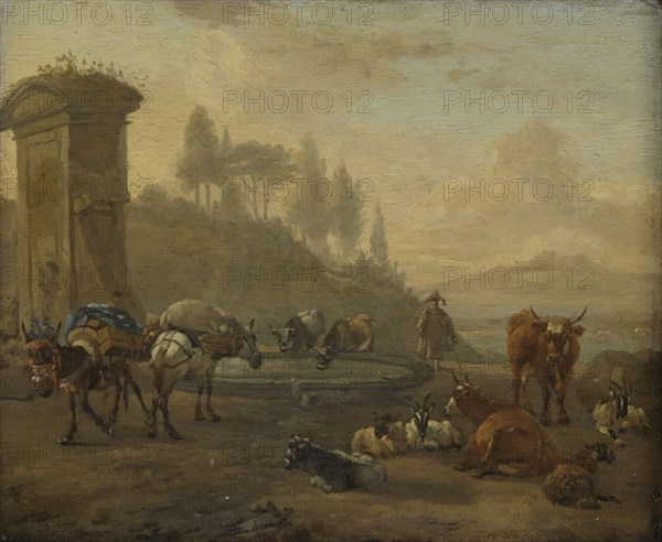 Livestock by a Fountain, Willem Romeyn, 1650 - 1694