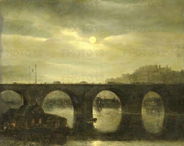 View of a Bridge of the Seine in Paris by Moonlight, France, Antonie Waldorp, 1835