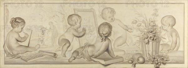 Six Putti with Flowers and Fruit and the Attributes of Drawing, Jurriaan Andriessen, 1782