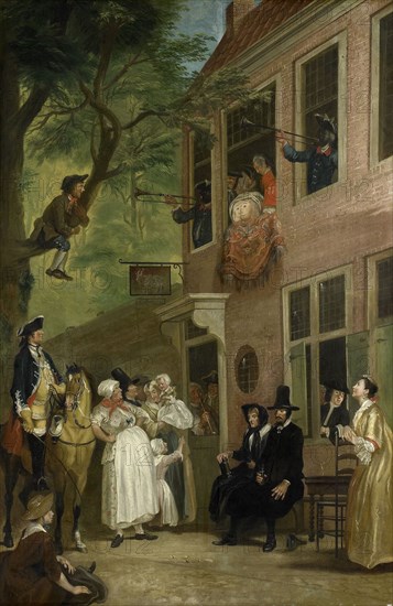 Misled, The Ambassador of the Rascals Exposes himself from the Window of 't Bokki Tavern in the Haarlemmerhout, Cornelis Troost, c. 1720 - c. 1750