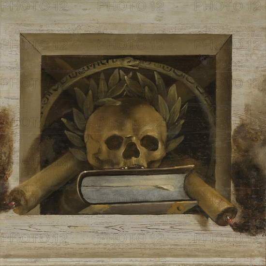 Vanitas Still Life with Scull with Laurel Wreath and two Burning Candles, Jacob van Campen, 1645 - 1650