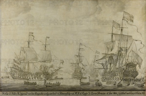 Council of War aboard The Seven Provinces, the Flagship of Michiel Adriaensz de Ruyter, 10 June 1666, preceding the Four Days' Battle, Willem van de Velde, I, 1666 - 1693