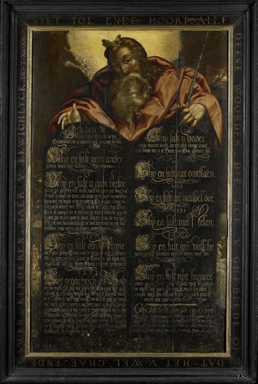 The Tablets of the Law of the Ten Commandments in calligraphy shown by Moses, Anonymous, c. 1560