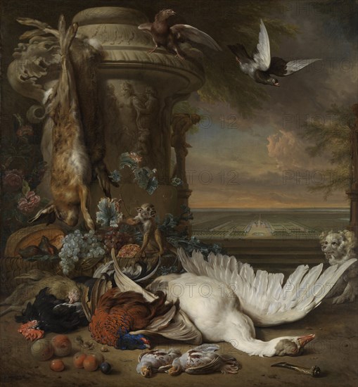 Hunting and Fruit Still Life next to a Garden Vase, with a Monkey, Dog and two Doves, in the distance Rijksdorp near Wassenaar, Seat of Jacob Emmery, Baron of Wassenaar, Jan Weenix, 1714