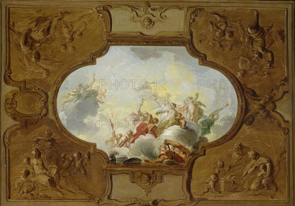 Design for a ceiling painting with the Apotheosis of Aeneas, in the corners the Four Seasons, Jacob de Wit, c. 1720 - c. 1725