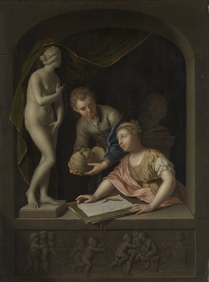 A Girl Drawing and a Boy near a Statue of Venus, Pieter van der Werff, 1715