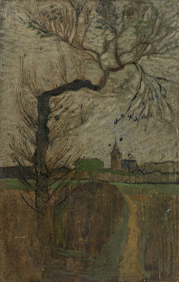 Footpath with willow and village on the horizon, 1891, Richard Roland Holst, 1891