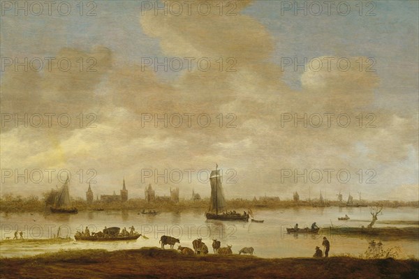 View of an Imaginary Town on a River with the Tower of Saint Pol in Vianen, River Landscape with View of Vianen, Jan van Goyen, 1649
