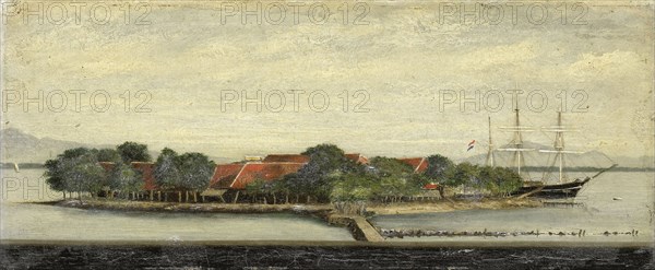 View of the island Kuiper in the bay of Batavia Jakarta Indonesia, Jacob Pieter Mercier, 1855 - 1882